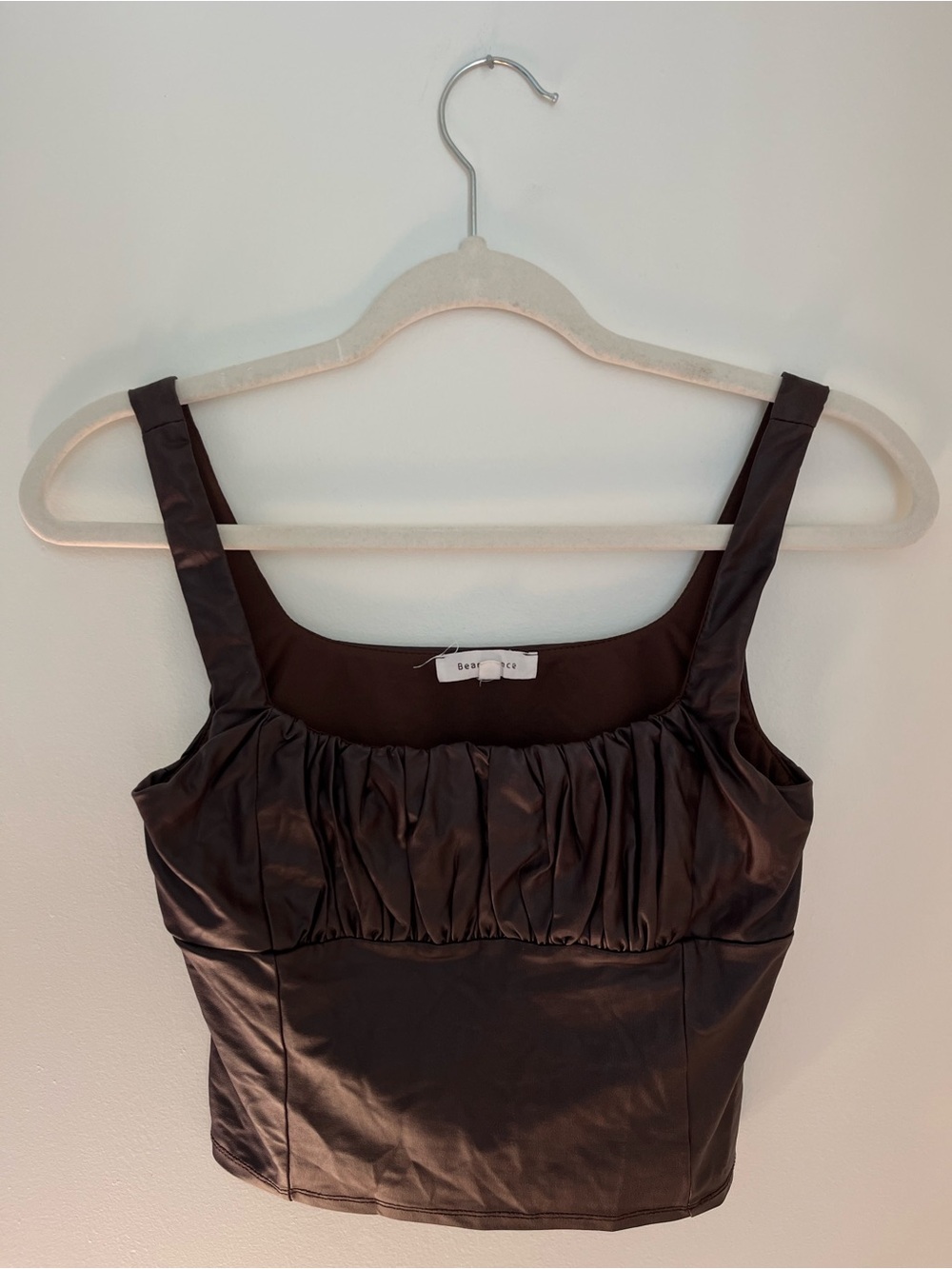 Bear Dance Brown Satin Ruched Scoop Crop Tank